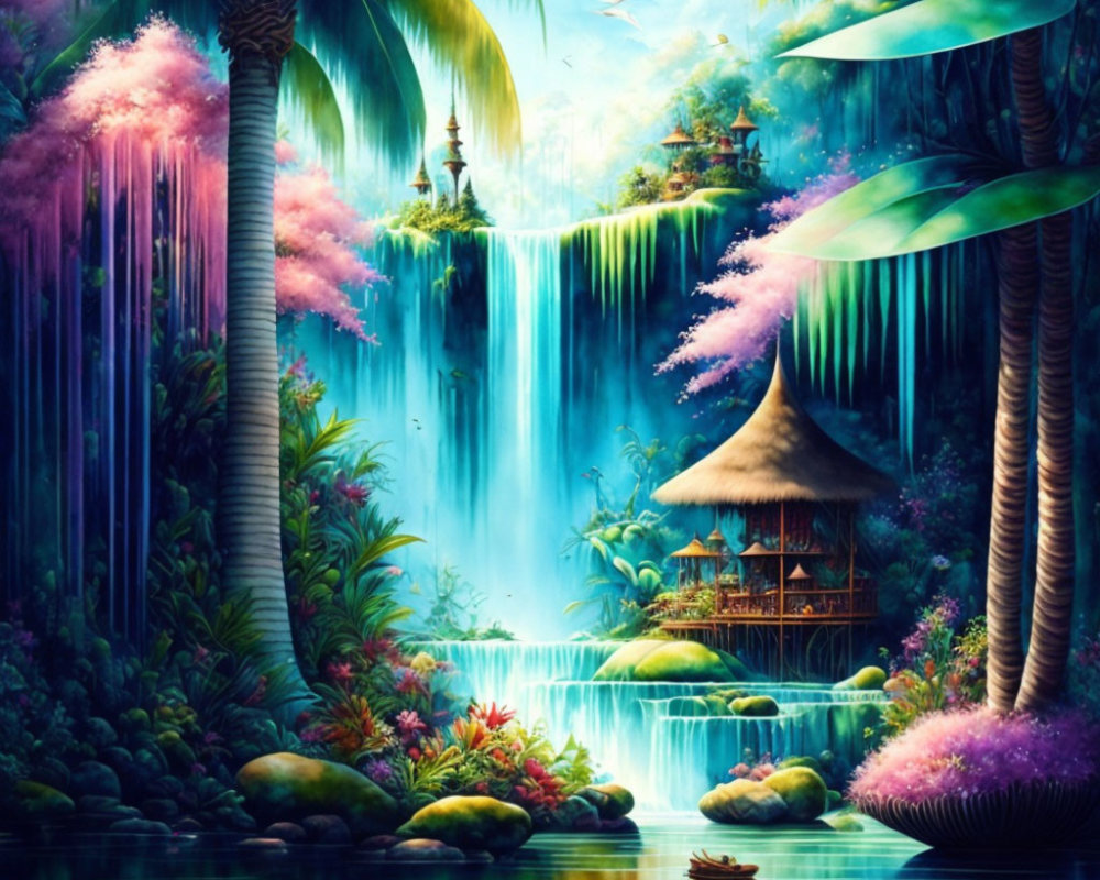 Vibrant fantasy landscape with waterfalls, huts, boat, butterfly