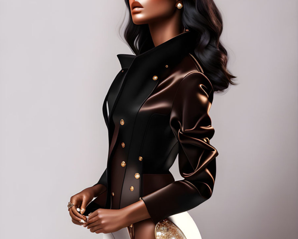 Illustration: Woman in Black Jacket with Gold Buttons