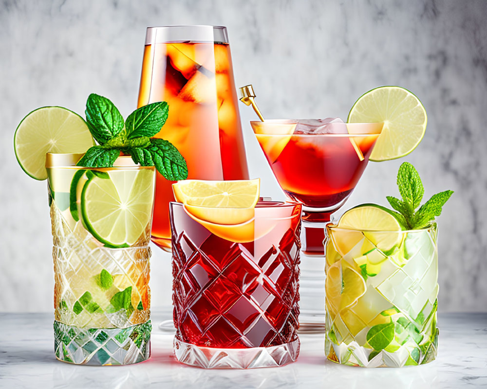 Variety of Citrus Cocktails with Mint in Elegant Glasses