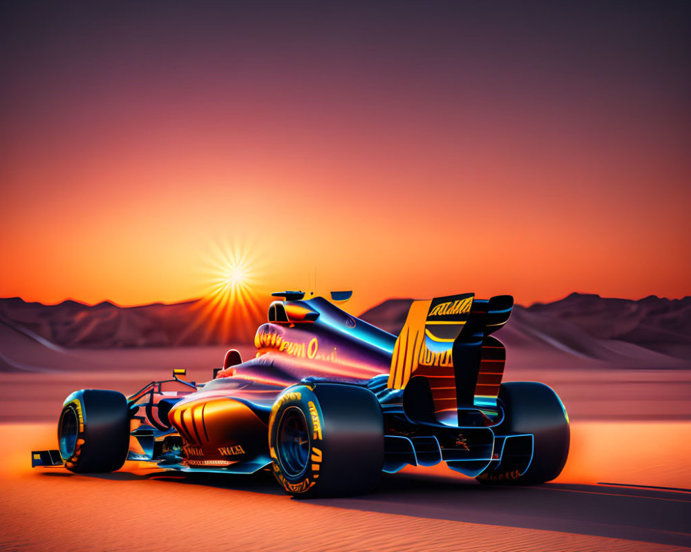 Formula 1 car on desert landscape at sunset with orange and purple hues