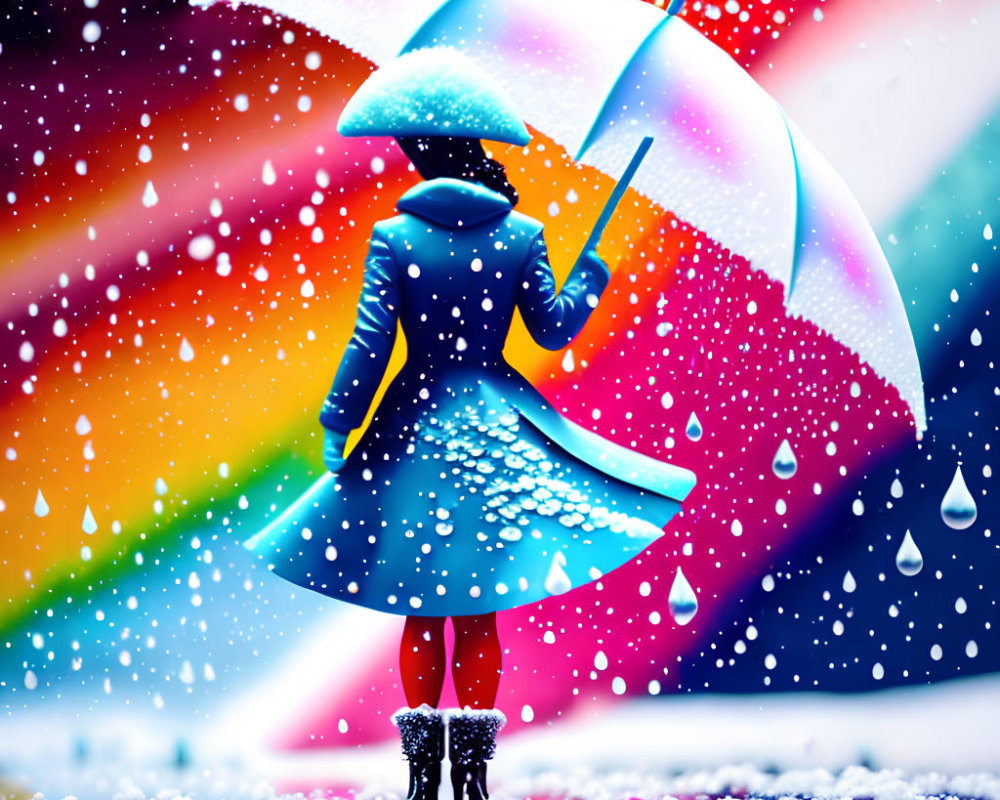 Person in Blue Coat with Colorful Umbrella in Rainy Scene