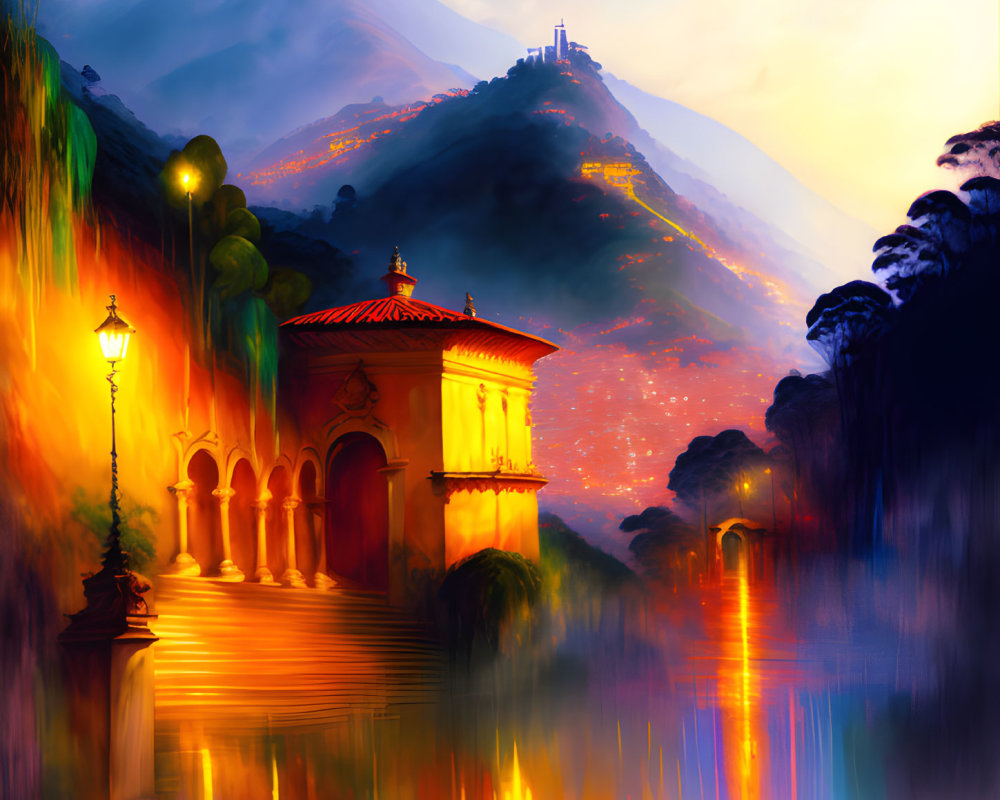 Vibrant digital painting of illuminated villa by water, mountains, sunset