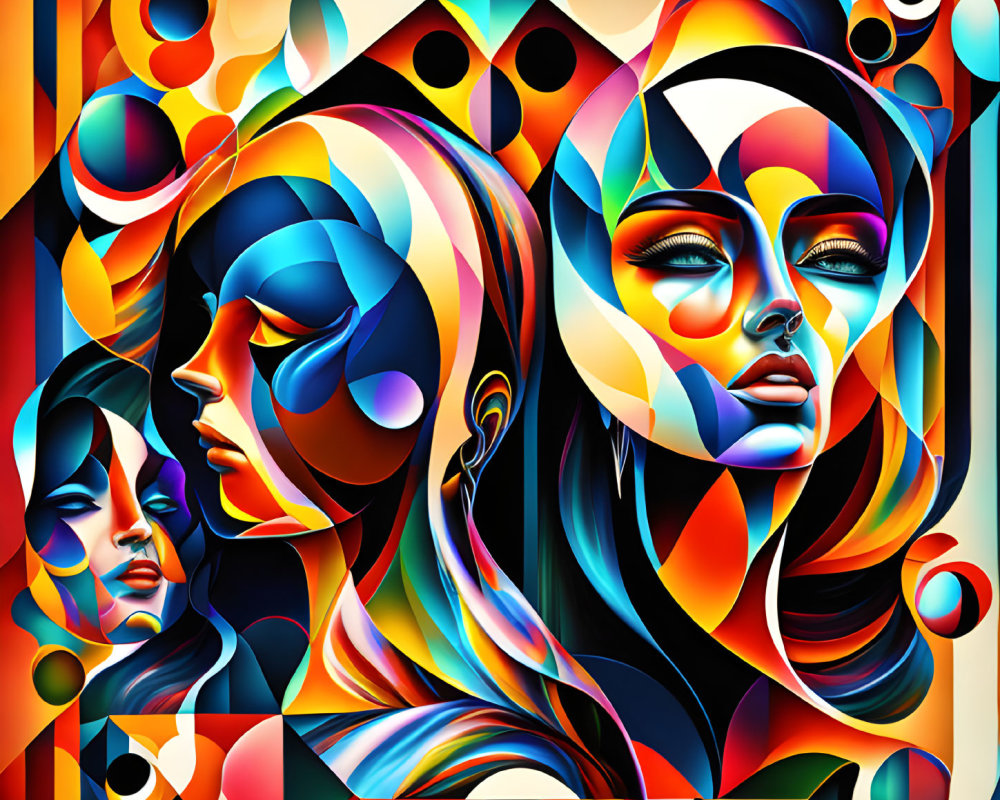 Vibrant abstract art: stylized female faces, flowing hair, geometric patterns