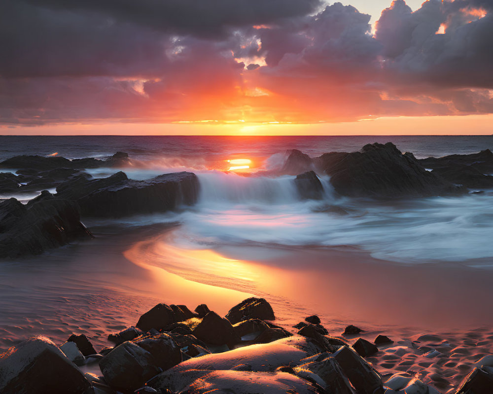 Tranquil Ocean Sunset with Jagged Rocks and Warm Sky