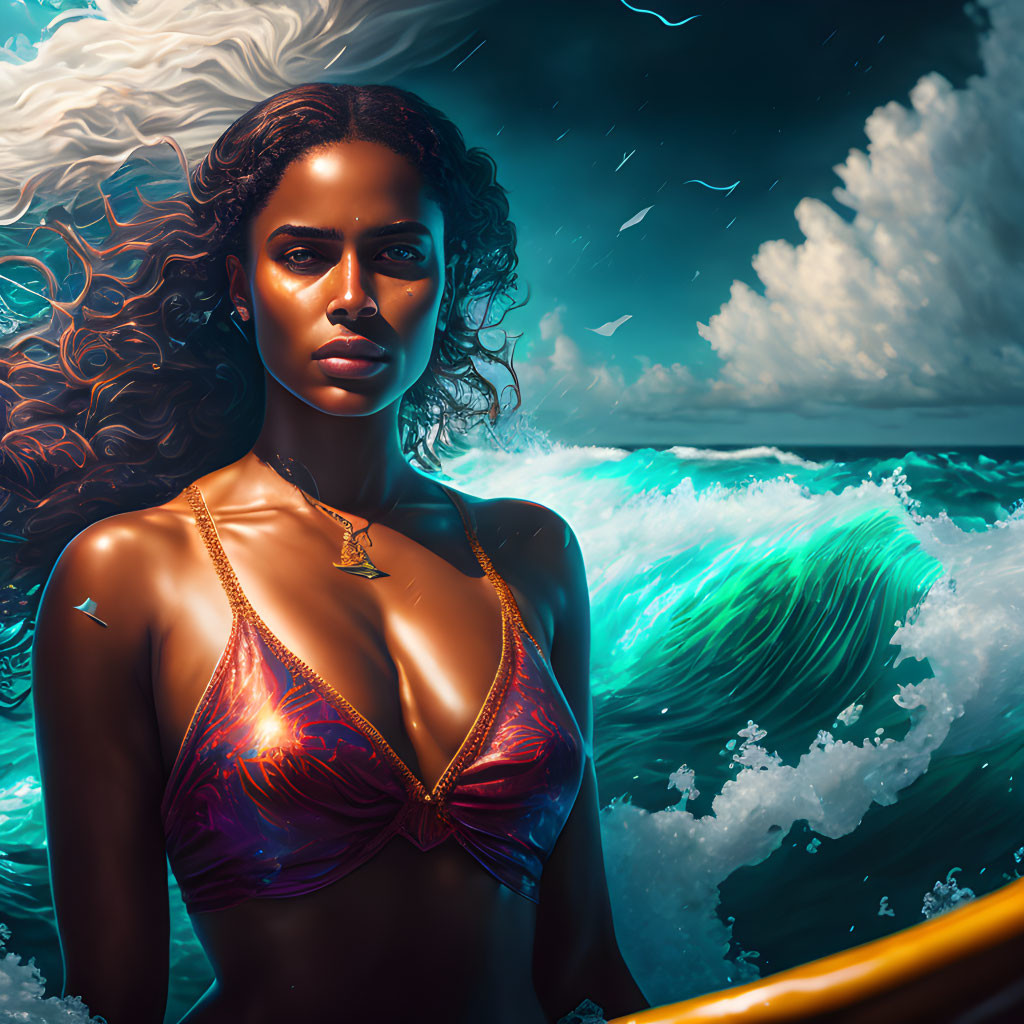 Digital artwork featuring woman in purple bikini with ocean waves and birds