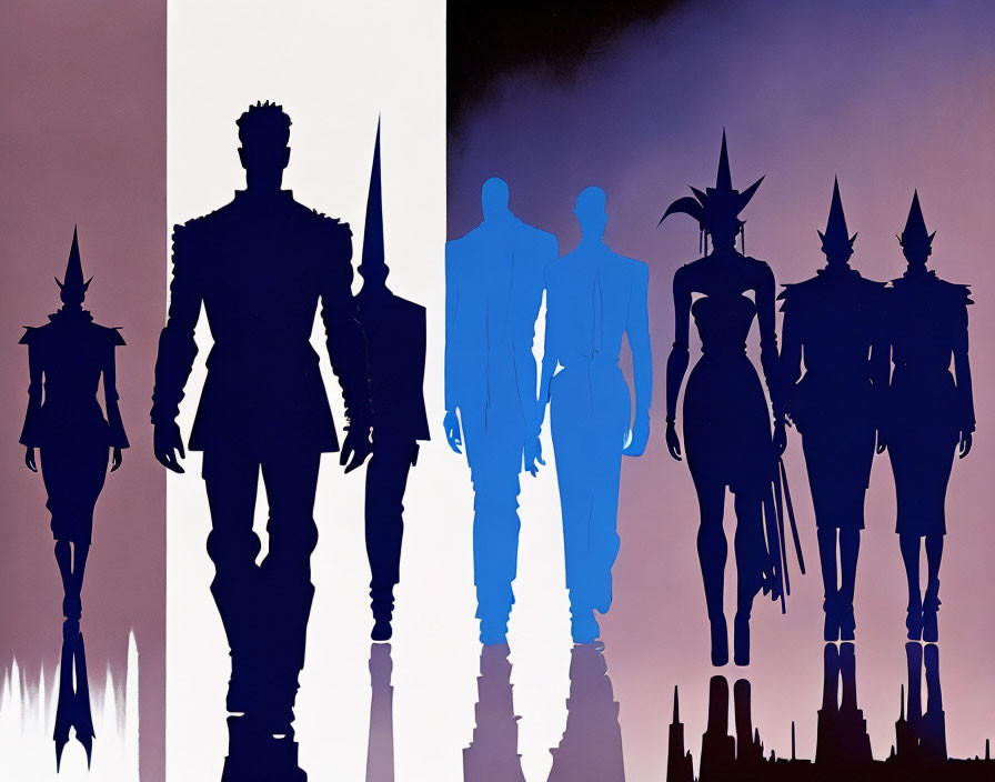 Silhouette representation of comic book characters in split color palette