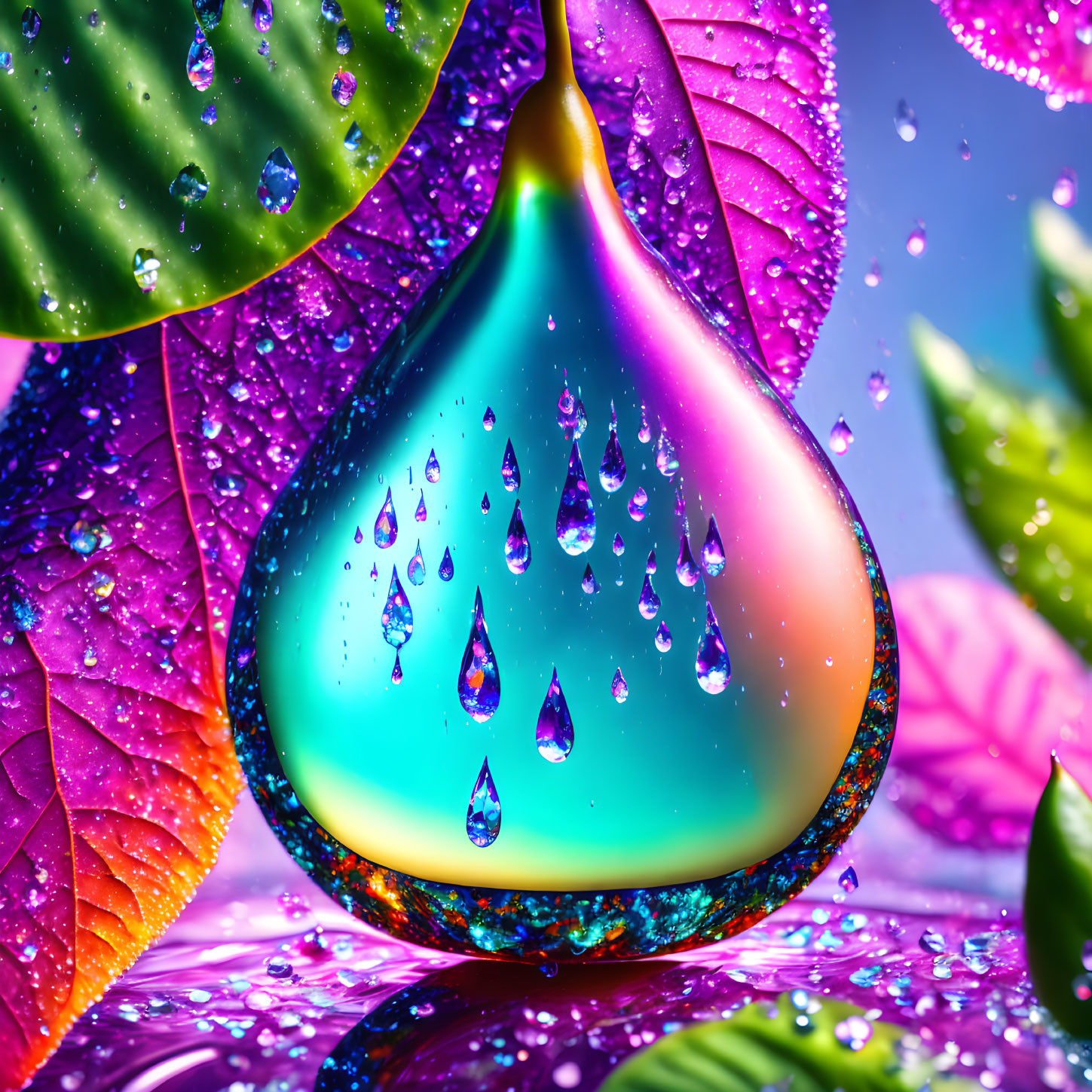 Vibrant Raindrop Among Lush Leaves and Raindrops