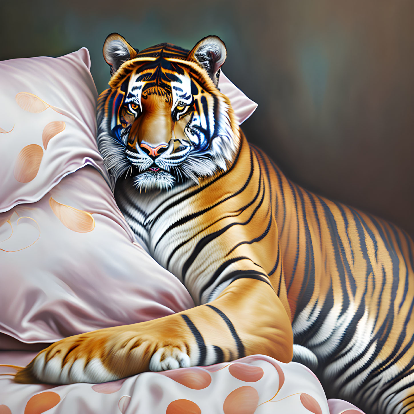 Realistic digital artwork: Tiger on bed with white and pink polka dot sheets