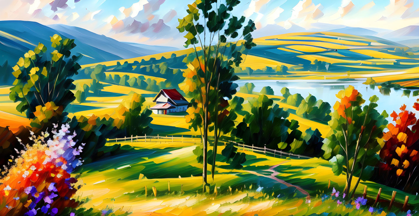 Colorful landscape painting with small house, rolling hills, trees, path, and bright sky