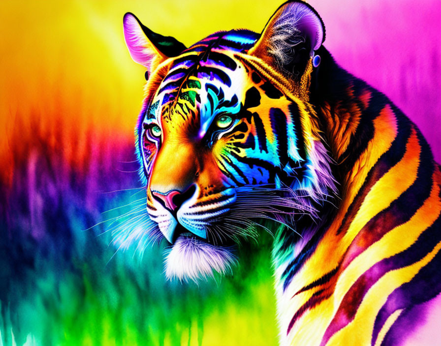 Colorful Tiger Artwork on Psychedelic Rainbow Background