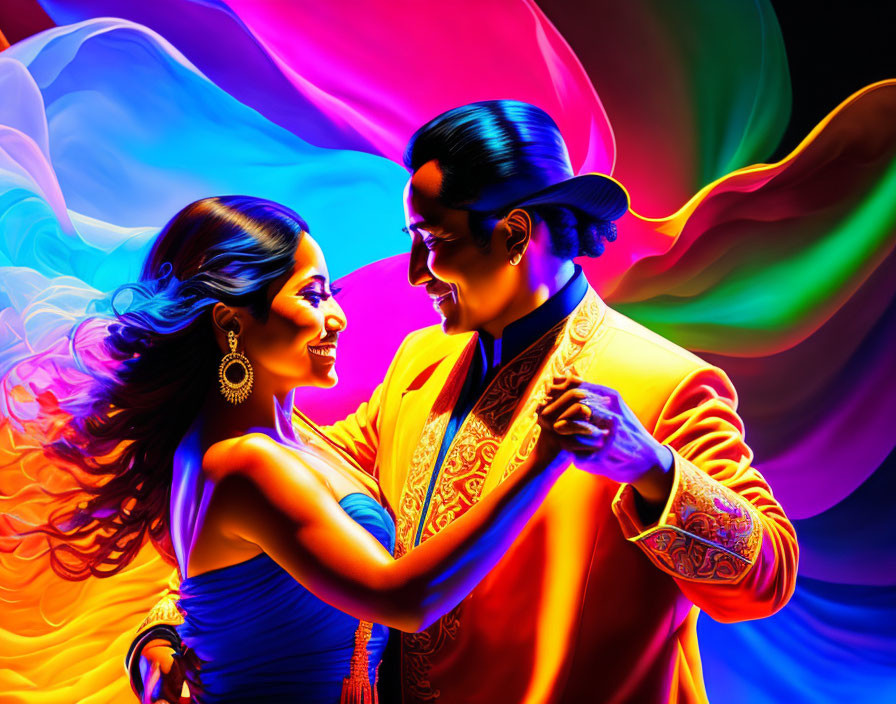 Colorful Dancing Couple Surrounded by Vibrant Lights