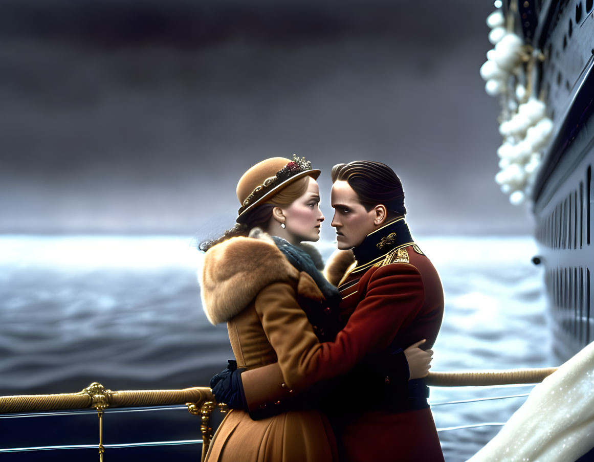 Military man and woman embrace on ship deck in stormy sea scene