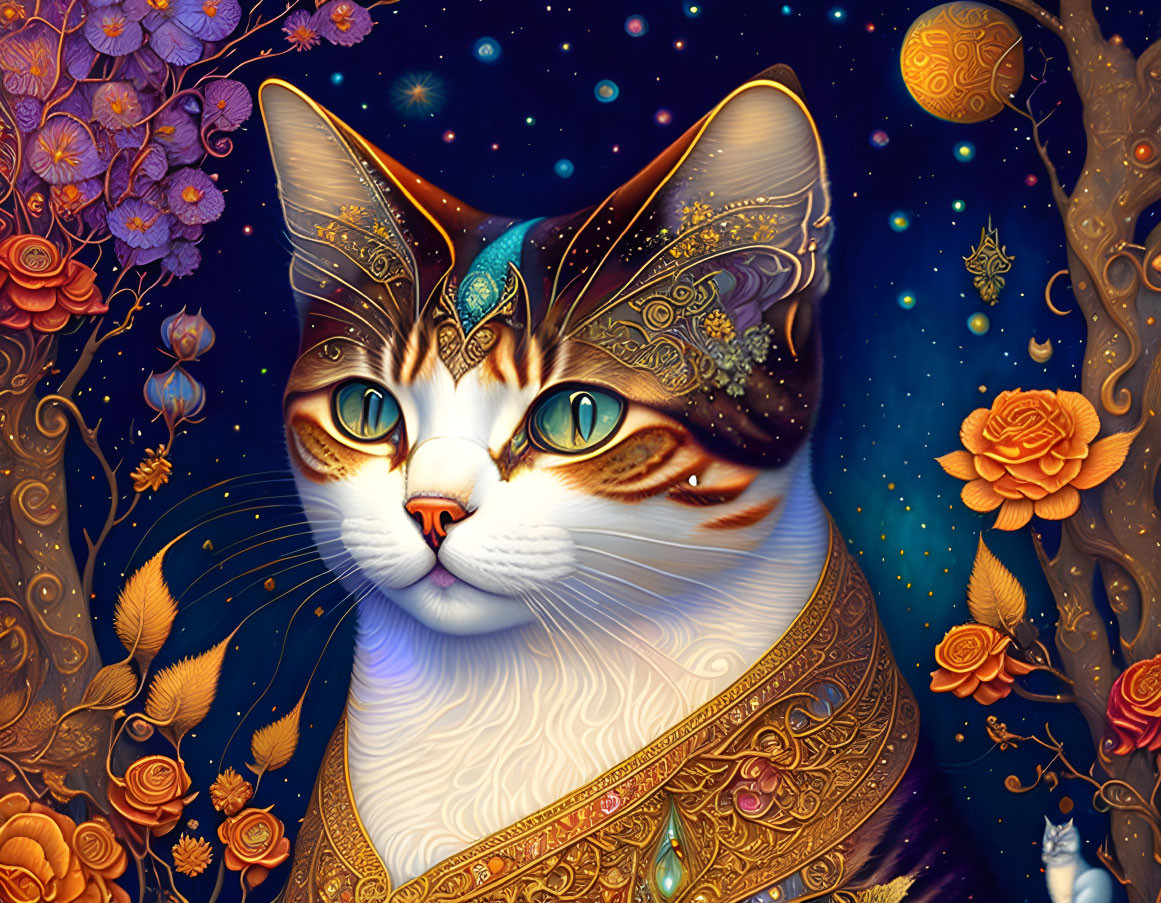 Majestic cat with green eyes in vibrant digital art