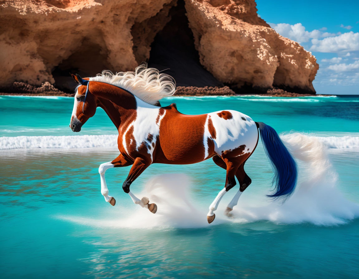 Chestnut and White Pinto Horse Galloping in Ocean Water