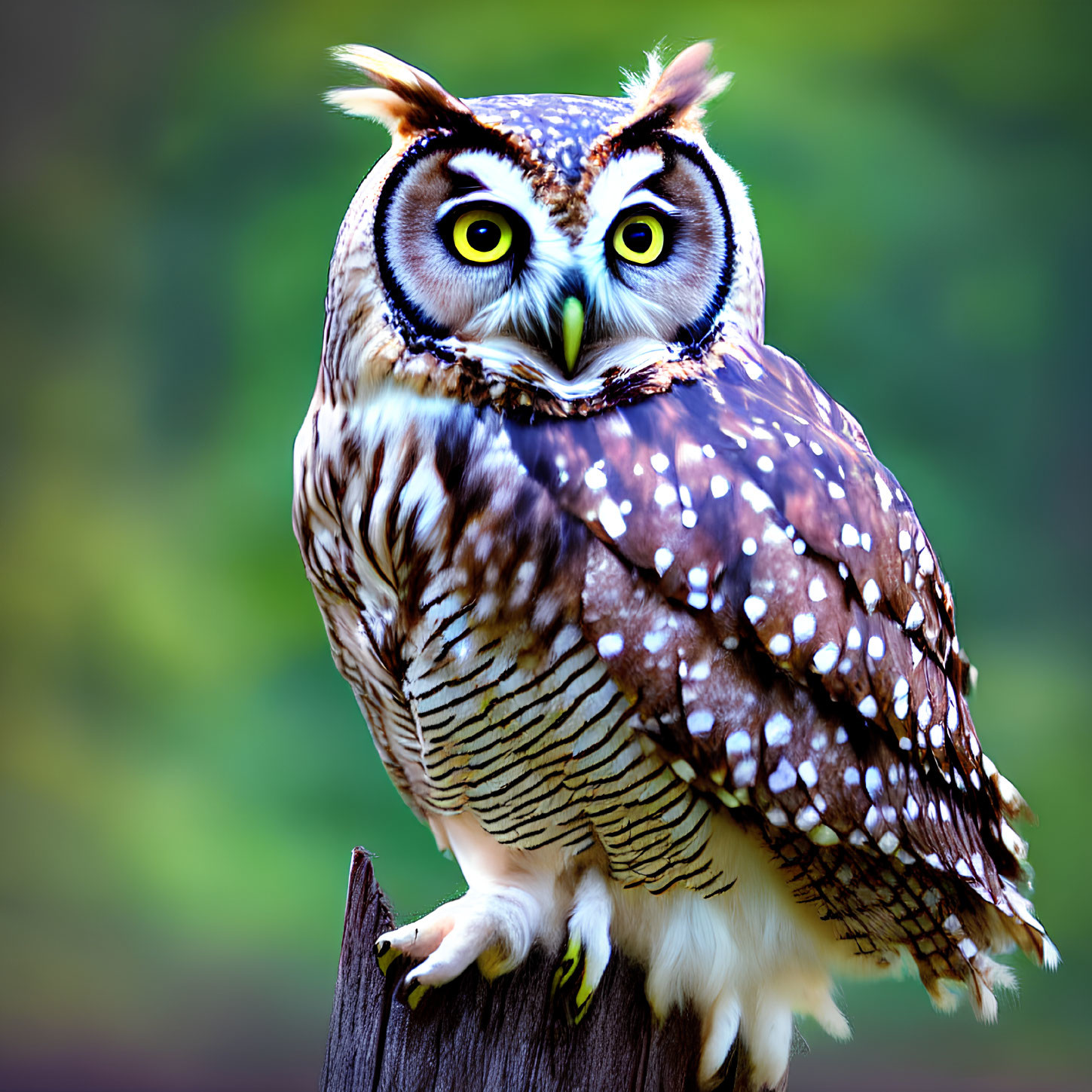 Brown and White Speckled Owl with Yellow Eyes Perched on Tree Stump