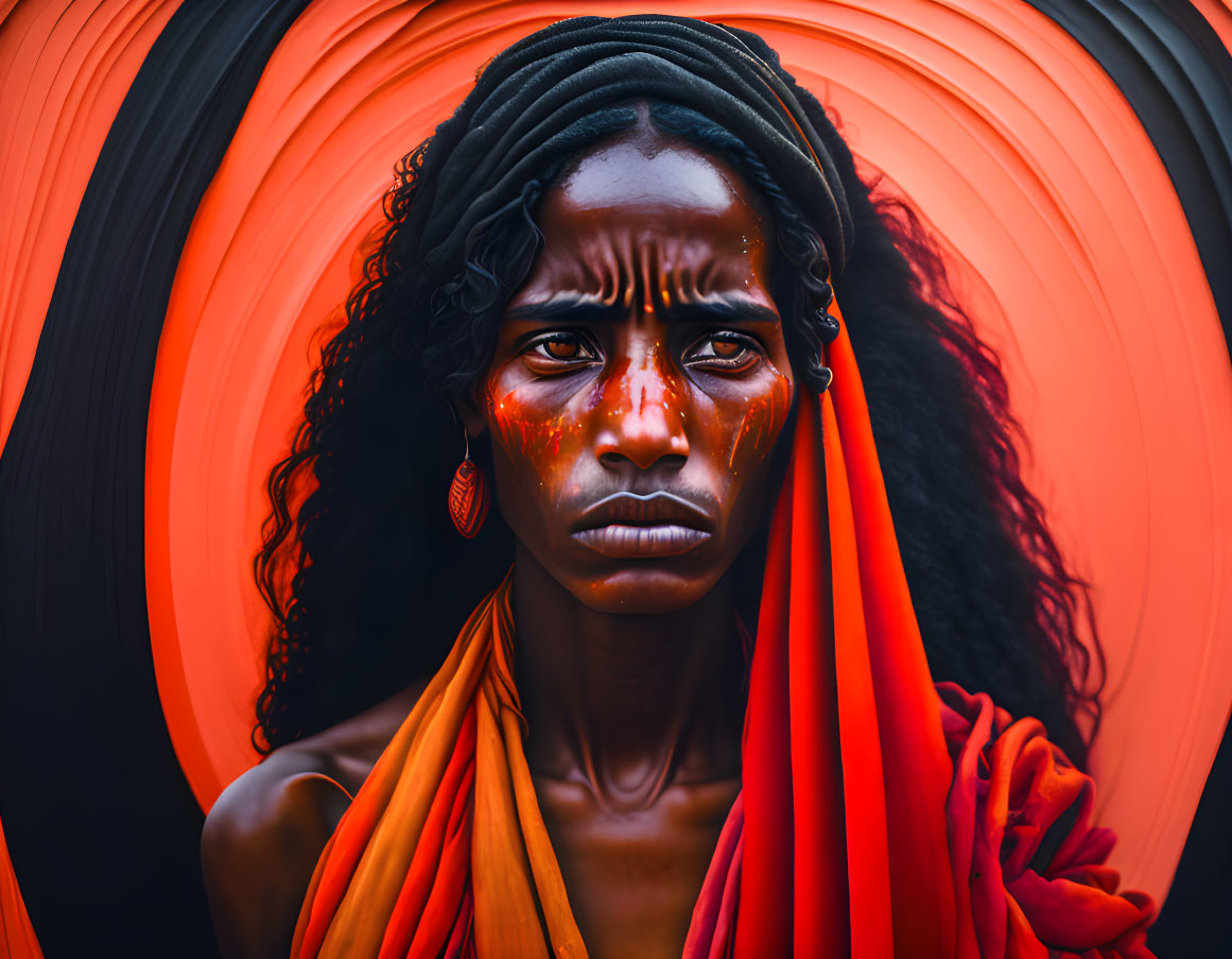 Woman with Traditional Face Markings in Orange Against Spiraling Red Backdrop