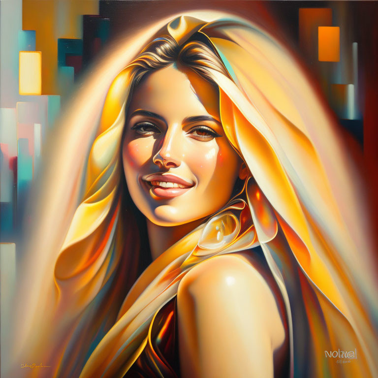 Smiling woman portrait with blonde hair and warm hues