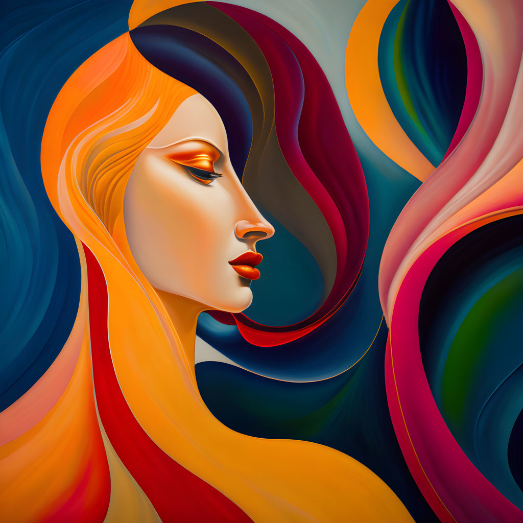 Colorful abstract art: Woman's profile with flowing hair in red, orange, blue, and purple