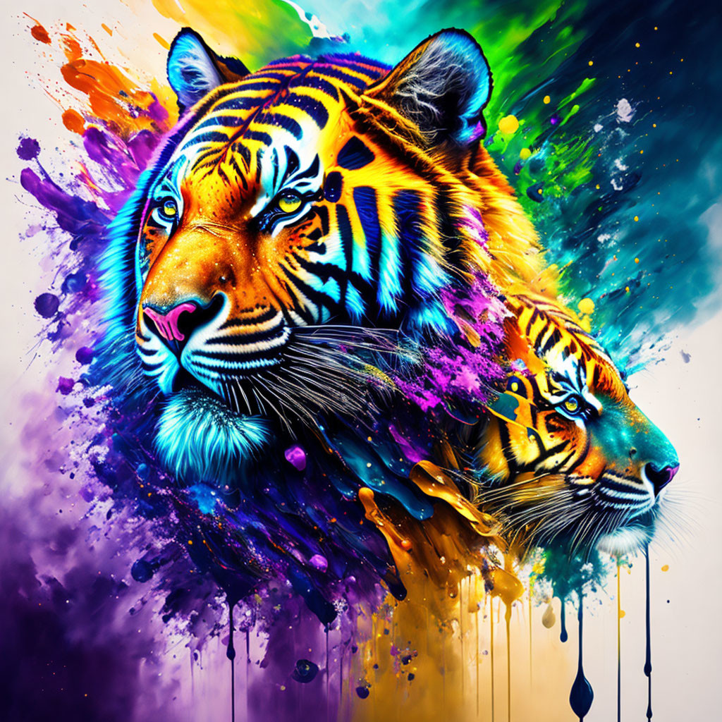 Colorful Tiger Heads Artwork on Black Background