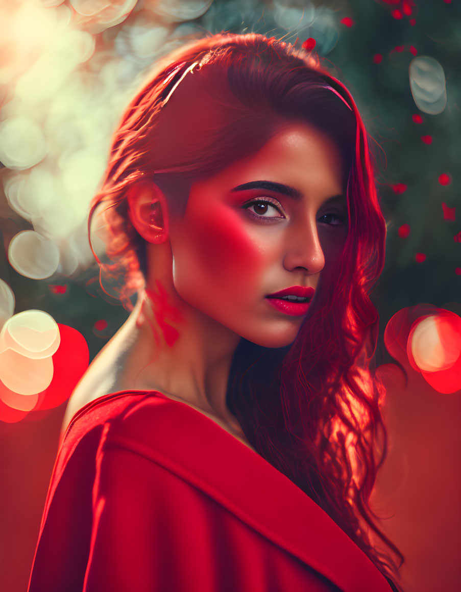 Red-haired woman in red outfit with bokeh background.