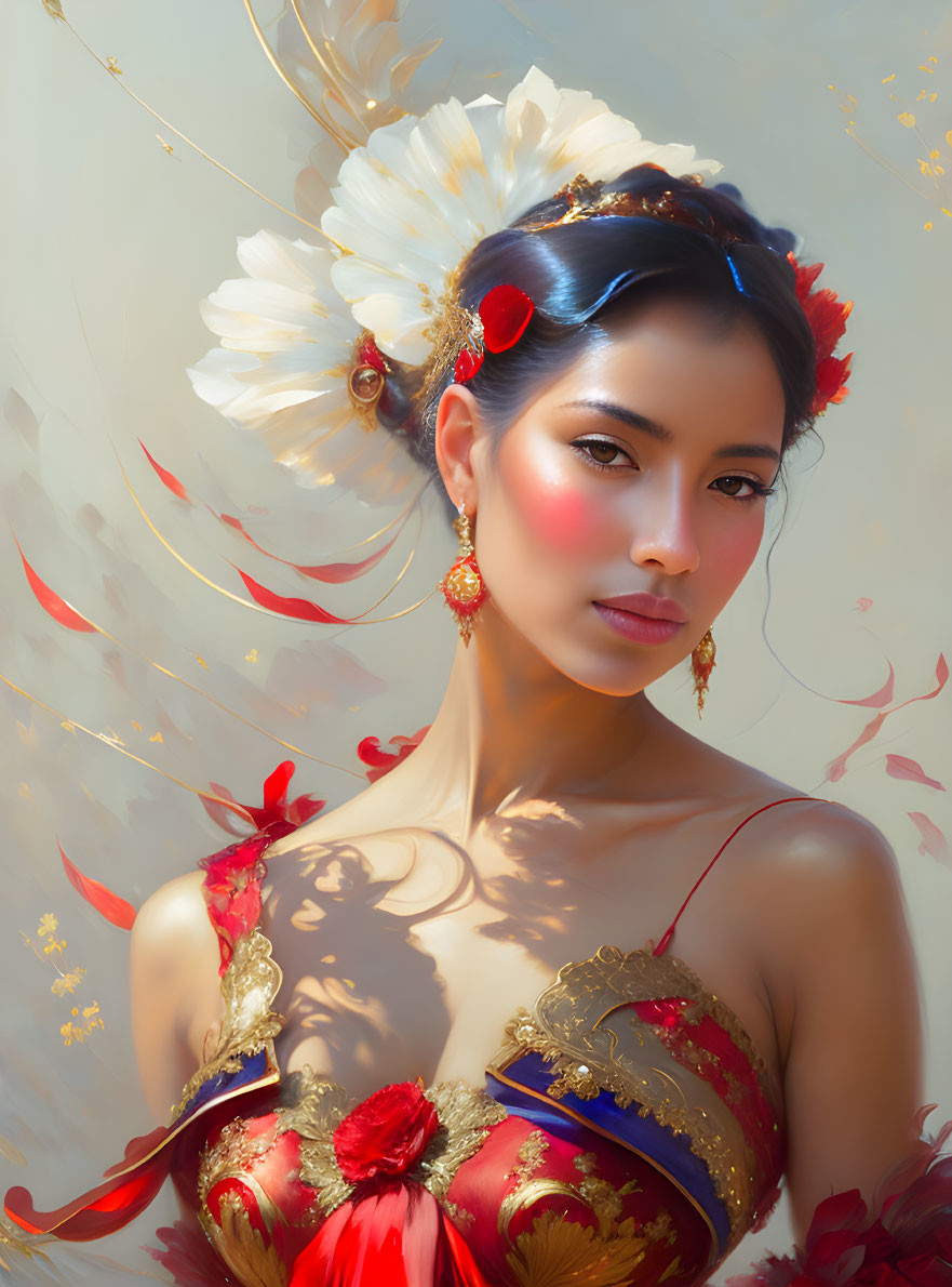 Portrait of Woman in Red & Gold Traditional Attire with White Flowers