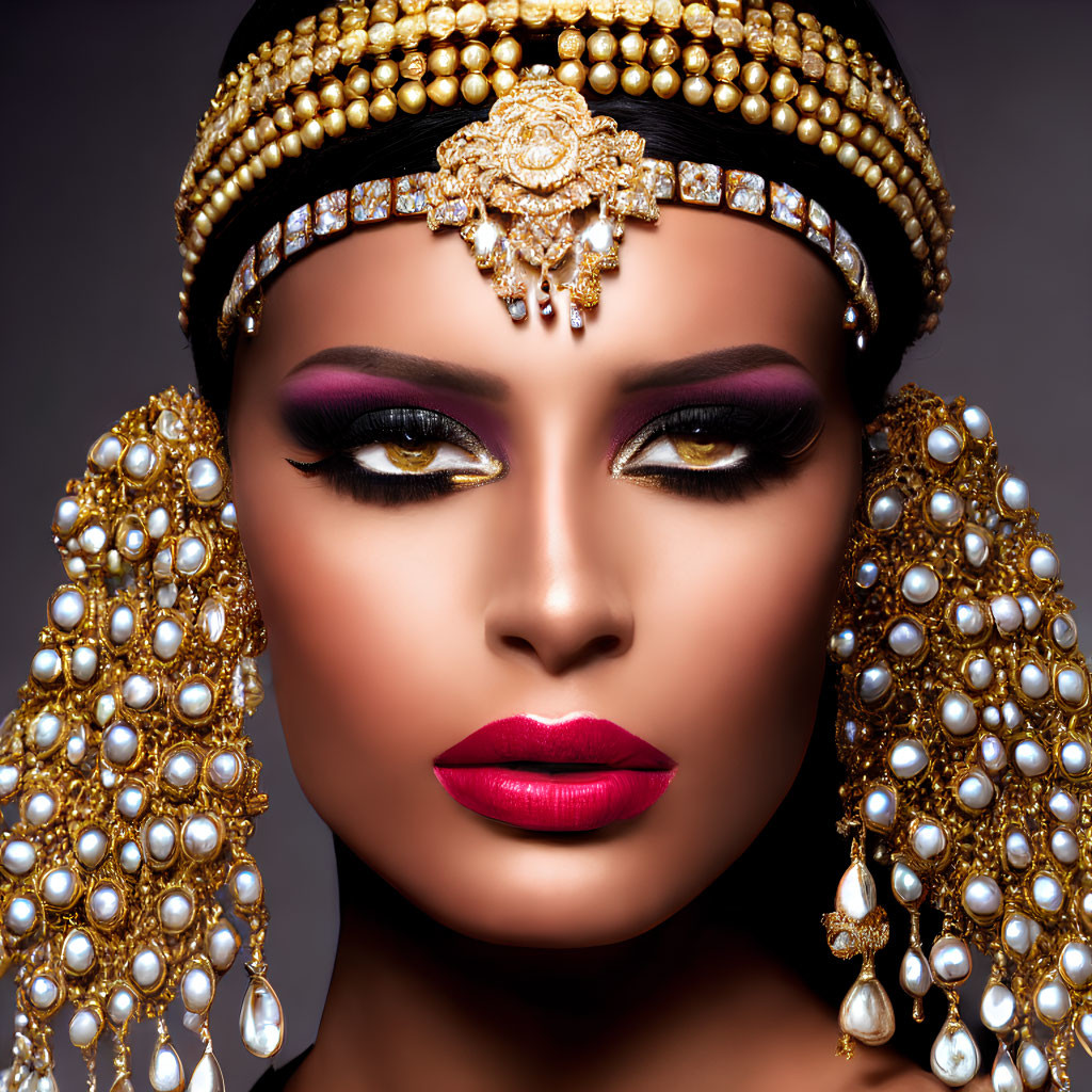 Person with dramatic makeup and luxurious golden head jewelry and earrings on grey background