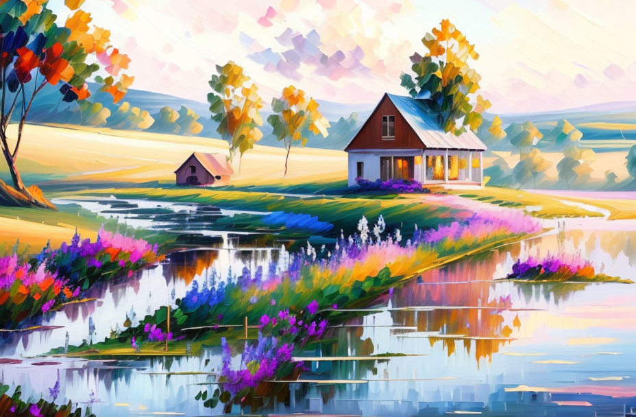 Colorful countryside painting: red house by lake, vibrant flowers, rolling hills