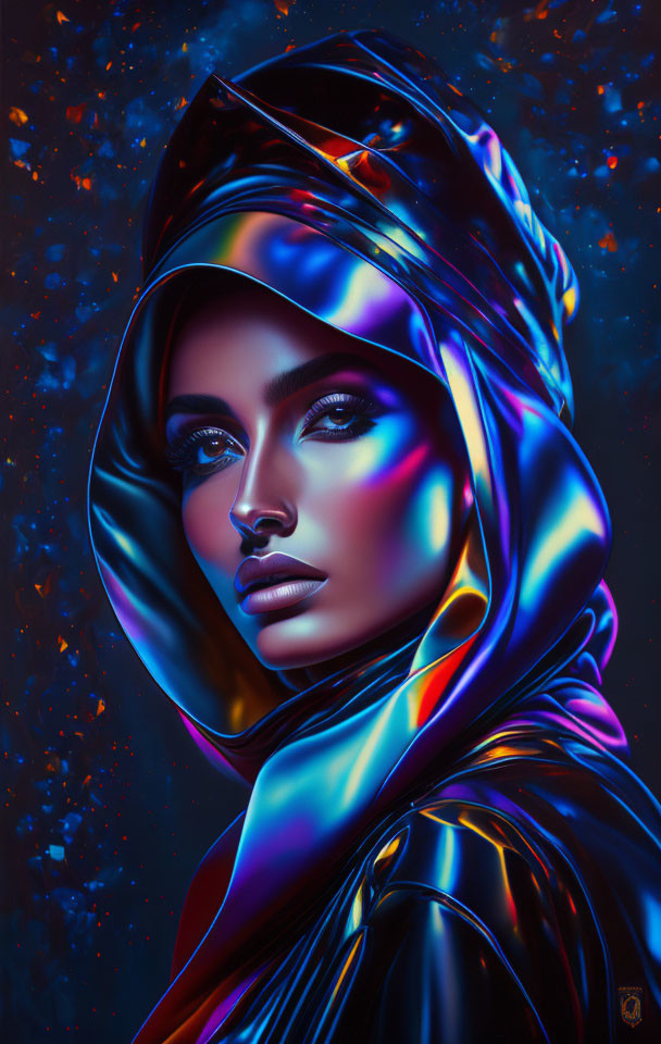 Colorful metallic hijab portrait with intense gaze on dark background