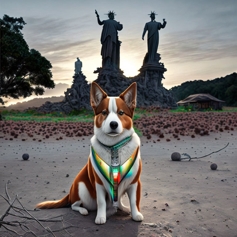 Futuristic harness-wearing Corgi with Statue of Liberty replicas in sandy twilight landscape