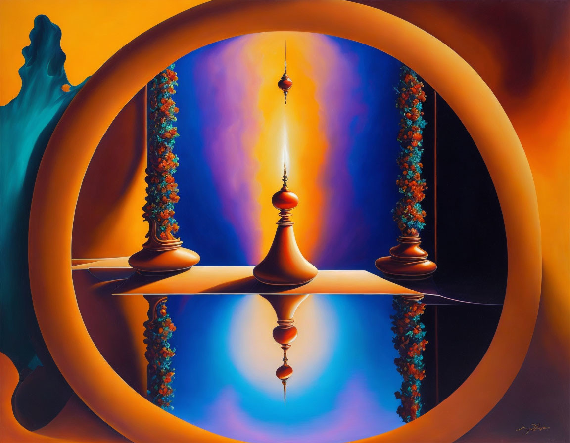 Symmetrical surreal painting with central chess piece and floral garlands