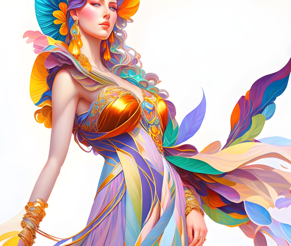 Colorful illustration of a woman in ornate attire with golden jewelry and flamboyant hat