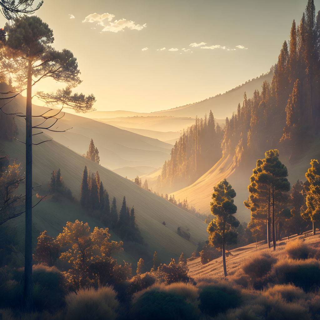 Sunrise illuminating rolling hills with trees and shadows in tranquil landscape