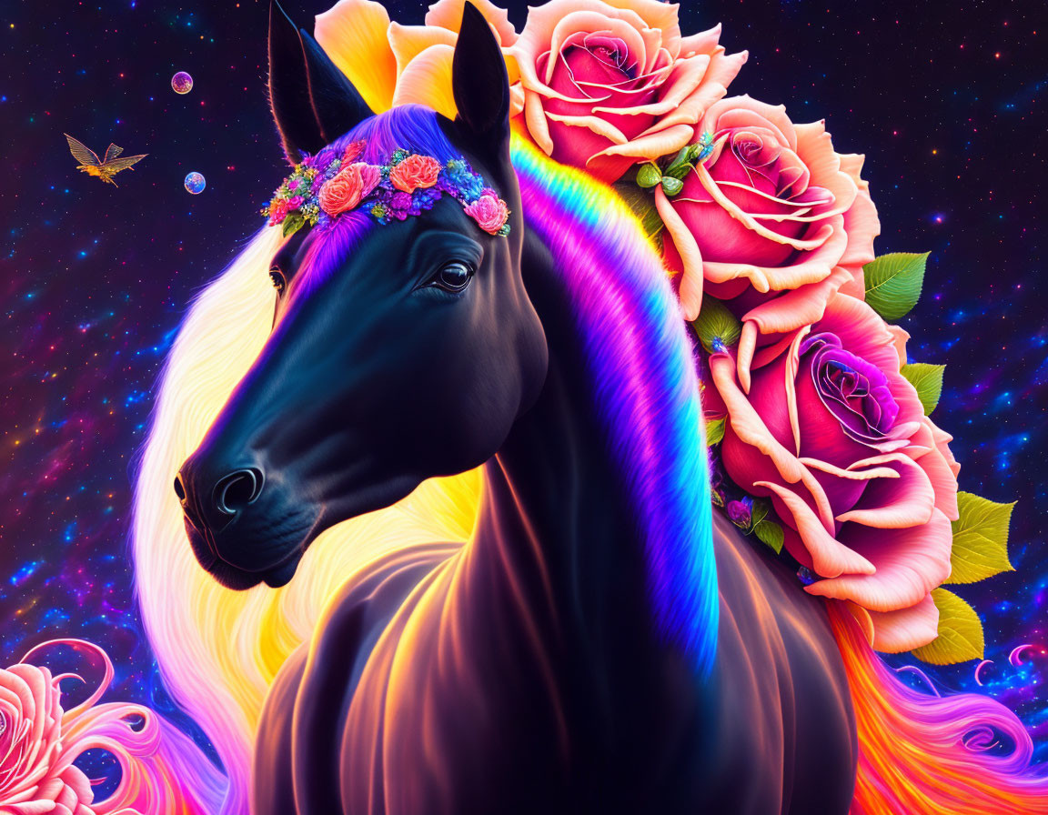 Colorful Horse Artwork with Rainbow Mane and Flower Crown on Cosmic Background