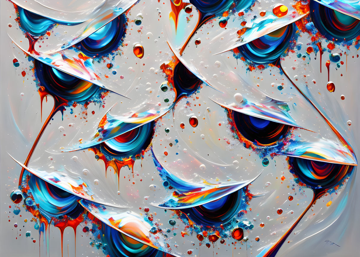 Colorful Abstract Painting with Swirling Patterns and Droplet Effects