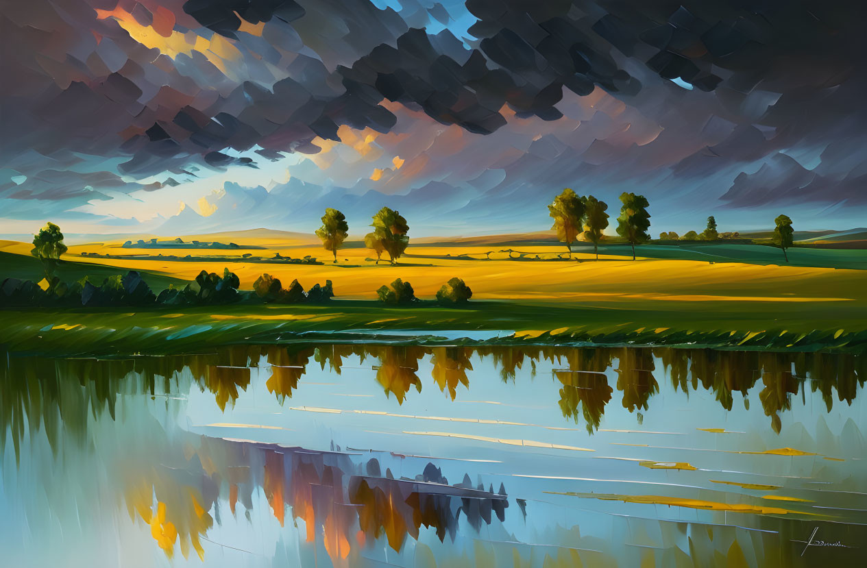 Tranquil landscape painting with reflective lake and dramatic sky