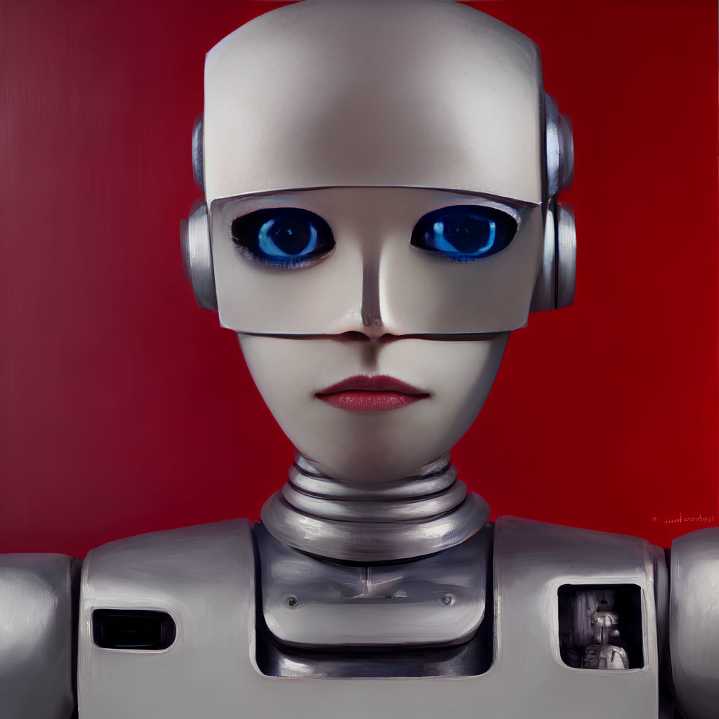 Humanoid robot close-up with white face, blue eyes, silver body on red background