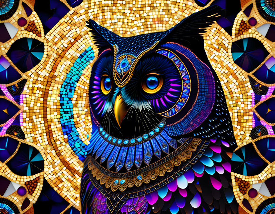 Colorful digital art: Stylized owl with glowing eyes on mosaic background