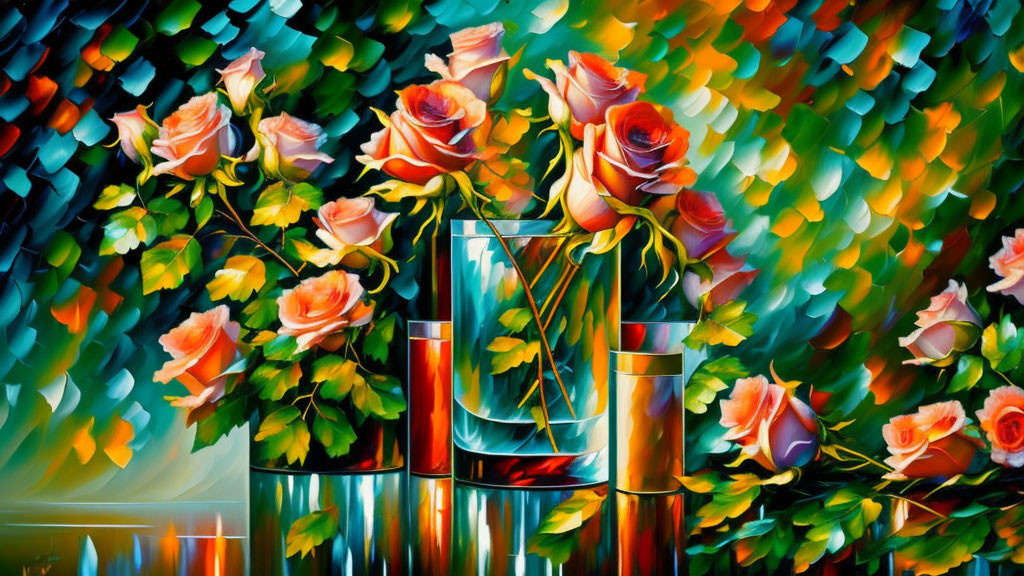 Colorful Painting of Orange Roses in Glass Vase with Abstract Foliage