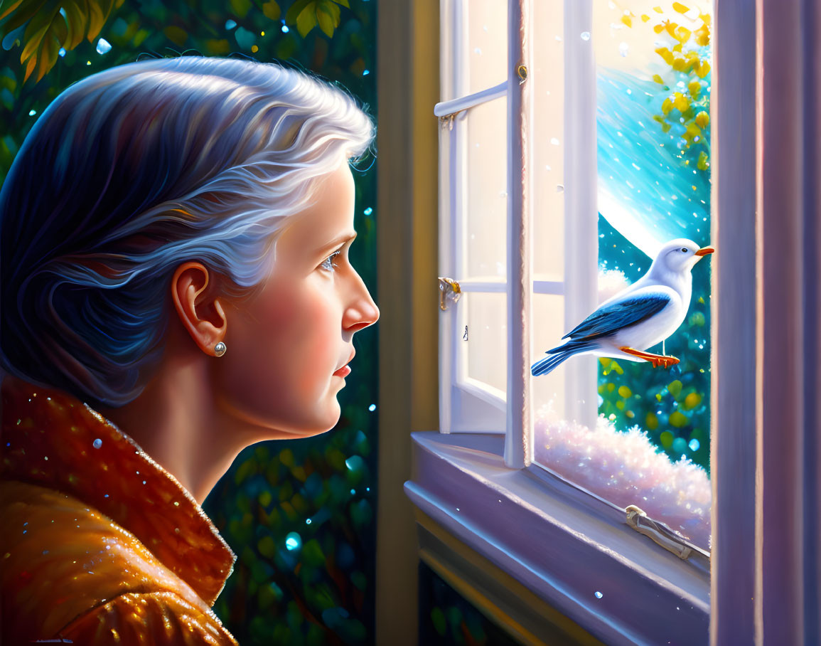 Silver-haired woman gazing at bluebird through window at night