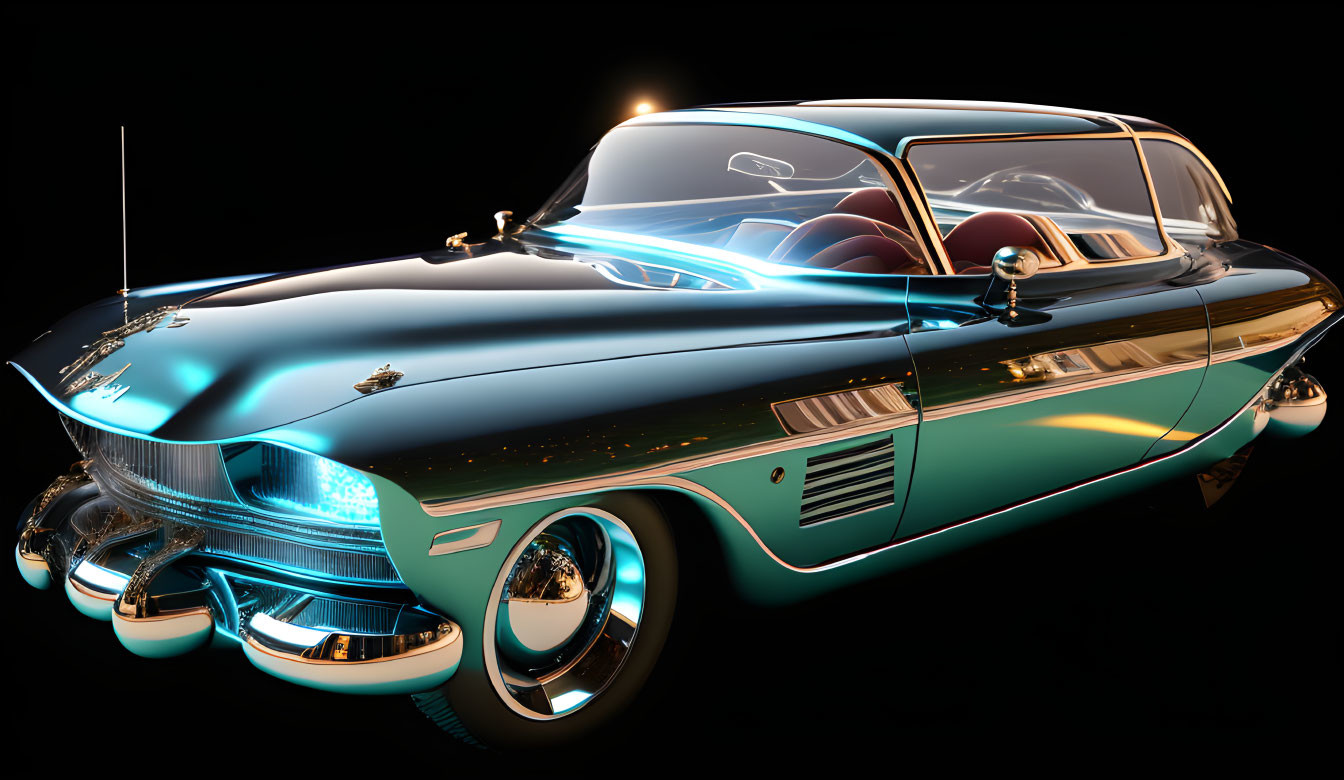 Vintage Car with Turquoise Chrome Finish and Neon Accents