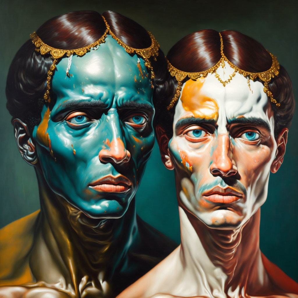 Surreal painting of two faces with half blue and half normal skin, wearing gold headpieces