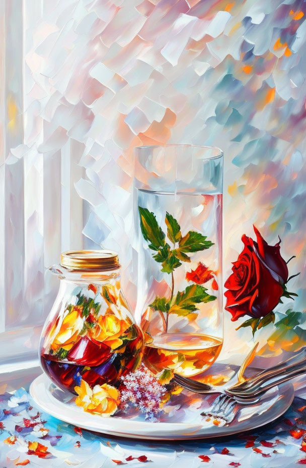 Colorful Still Life Painting with Rose, Glass of Water, Honey Jar, and Petals