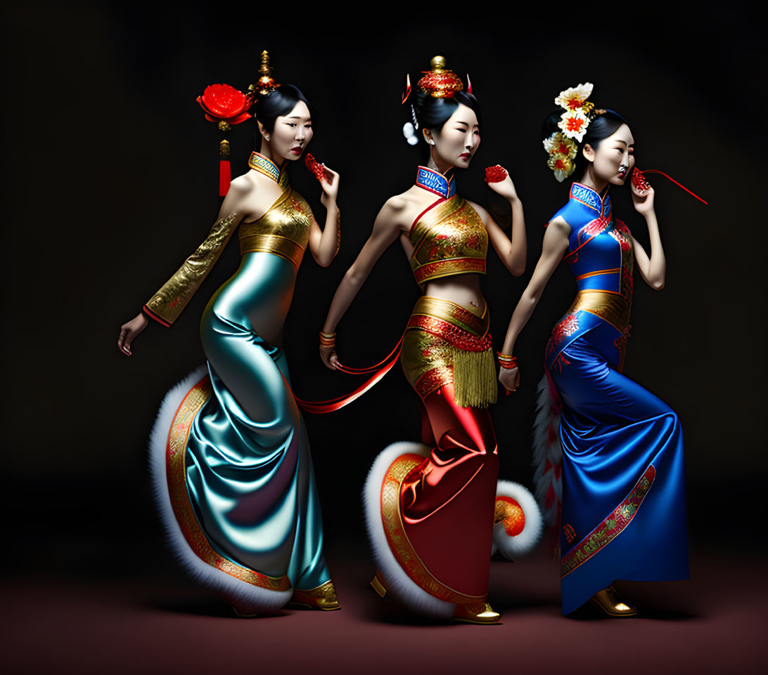 Three Women in Elegant Traditional Asian Attire and Hair Accessories on Dark Background