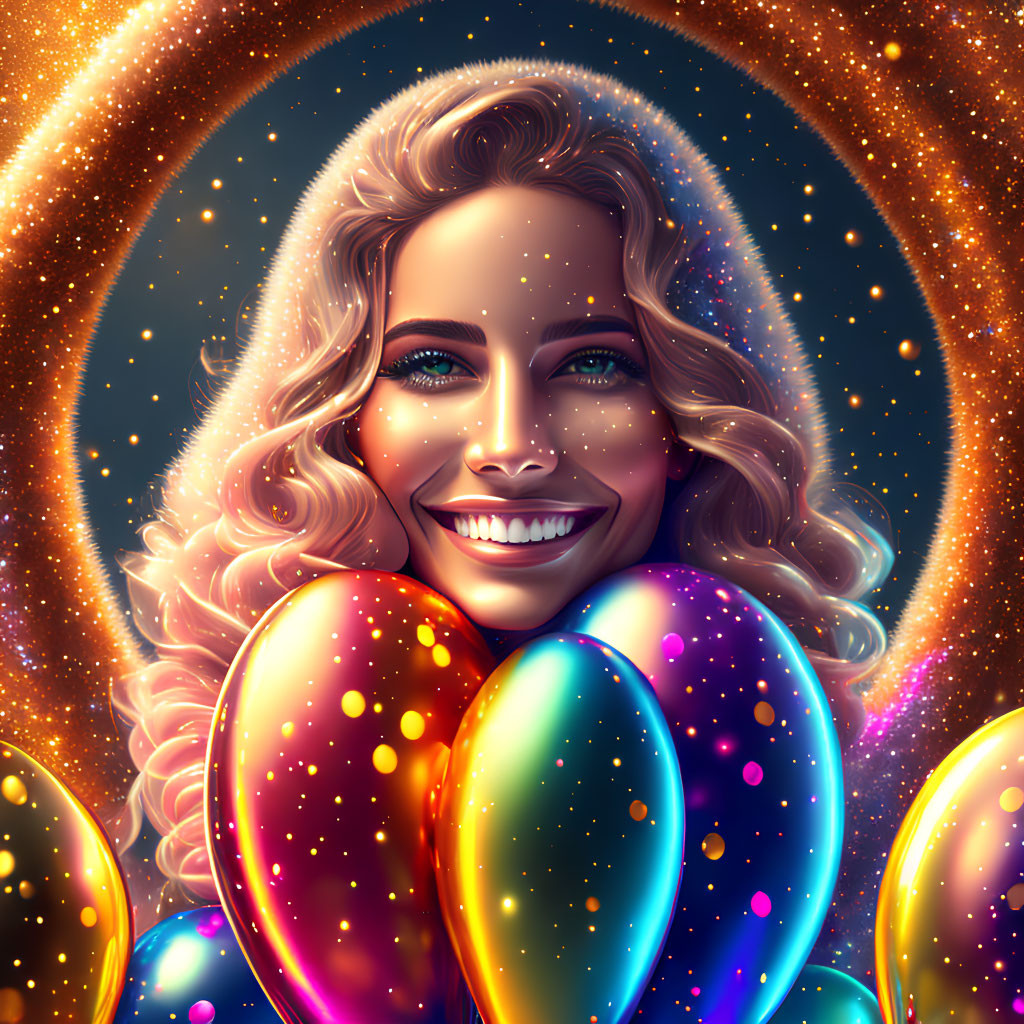 Colorful digital portrait: Smiling woman with balloons and halo glow