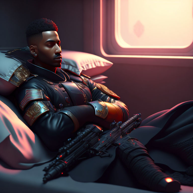 Futuristic soldier in armor resting with weapon in sci-fi setting