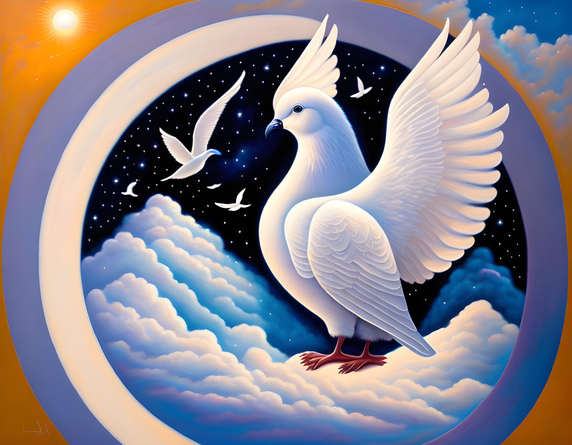 Surreal white dove illustration on clouds with flying doves in star-filled sky