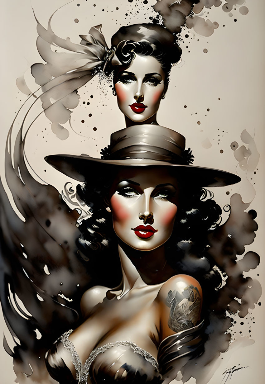 Illustration of woman with large brimmed hat, bow, red lips, and tattoo in front