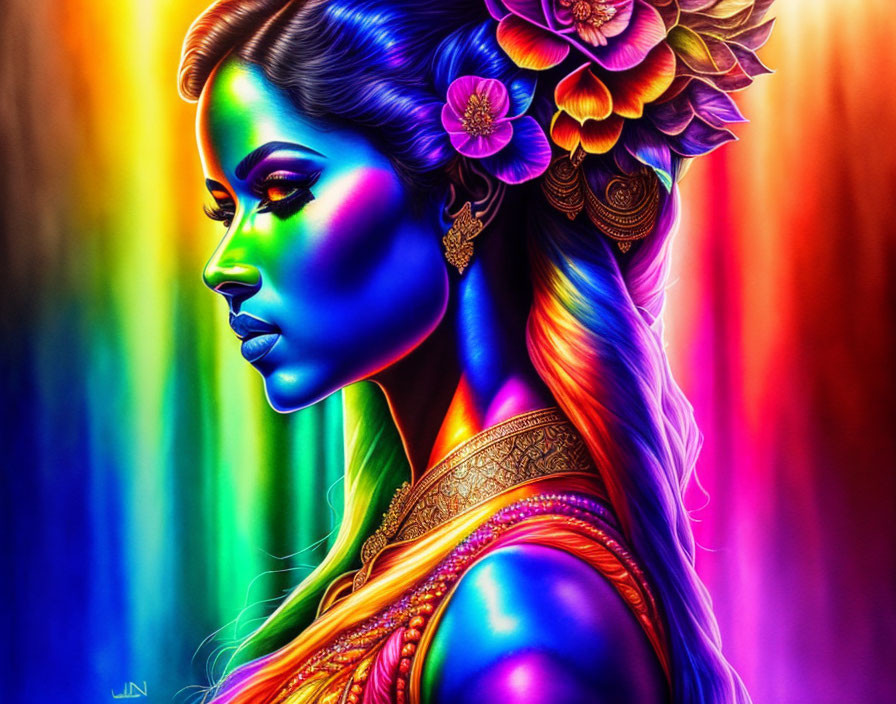 Colorful portrait of woman with flowers and jewelry on rainbow backdrop