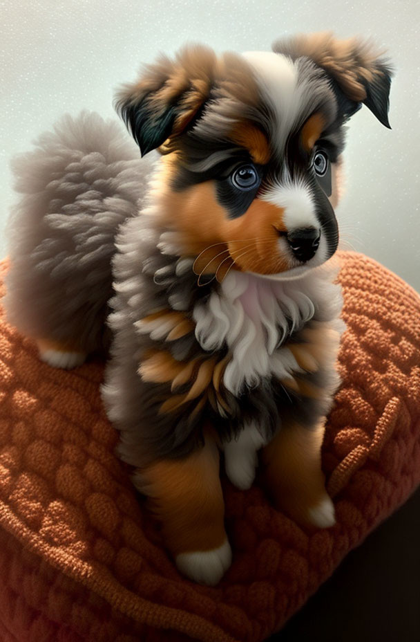 Fluffy tri-colored puppy with blue eyes on orange pillow