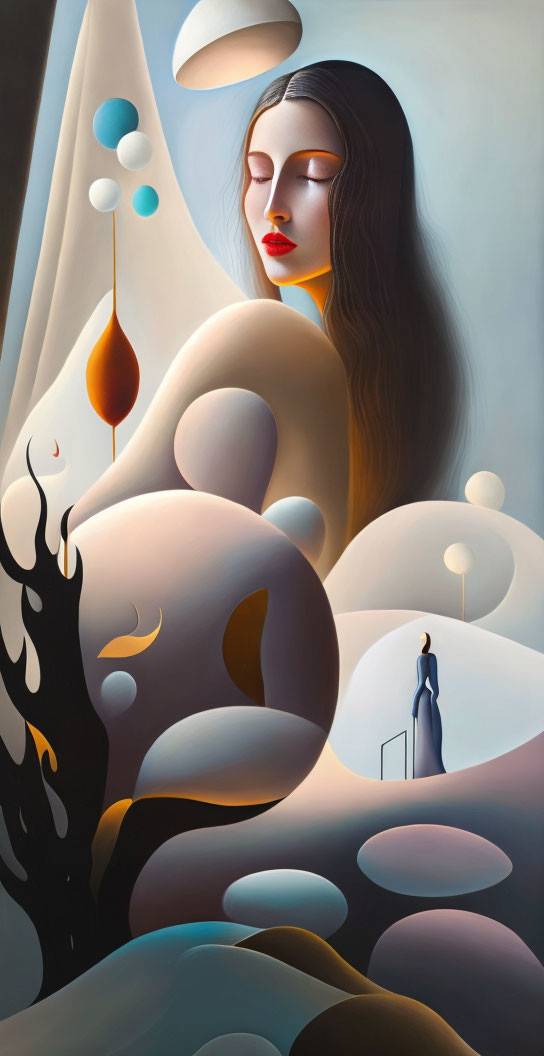 Abstract painting of large female figure among surreal shapes and distant figure by door